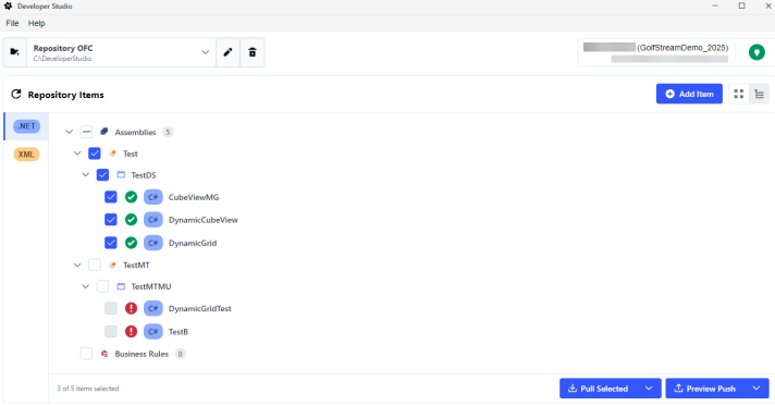 The Hierarchy View displays the items in a navigation tree divided by assemblies and business rules